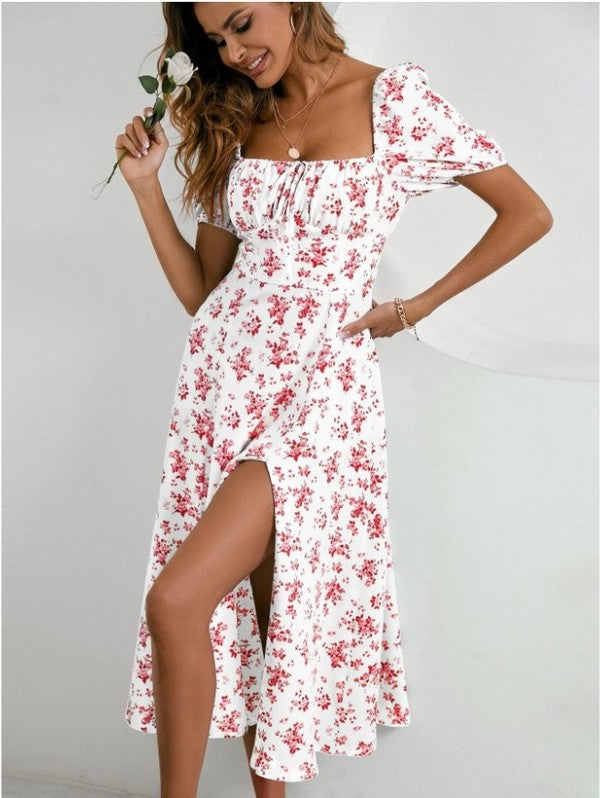Women's Summer Puff Sleeve Floral Split Maxi Dress