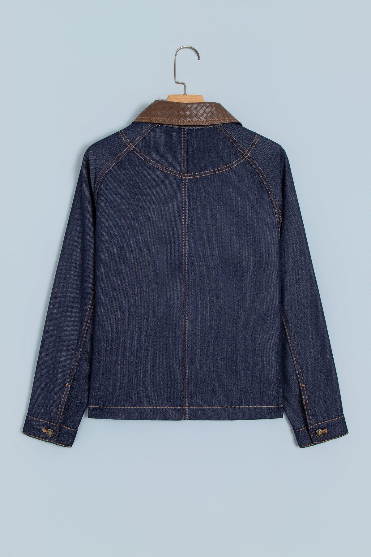 Faux Leather Contrast Collar Buttoned Denim Jacket