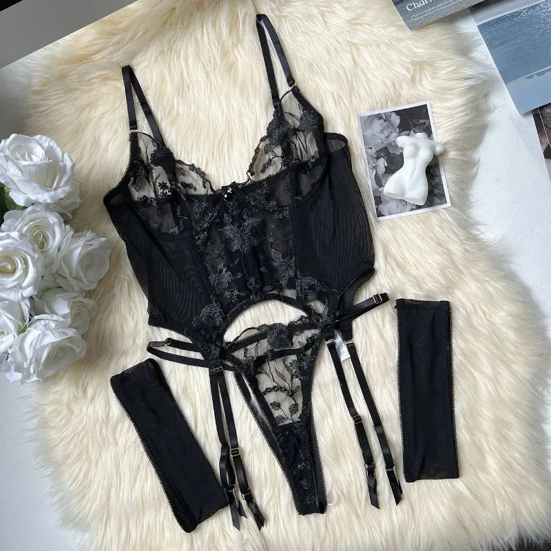 Elegant Embroidery Bra And Thong Bodysuit Set