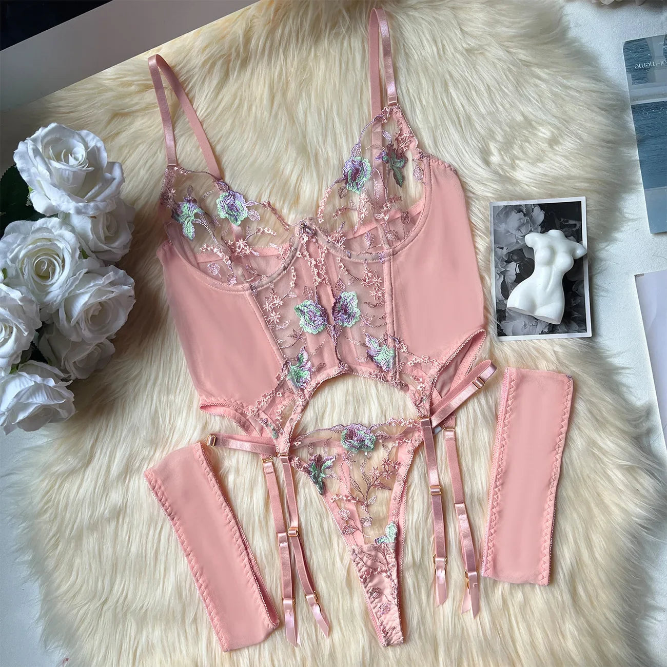 Elegant Embroidery Bra And Thong Bodysuit Set