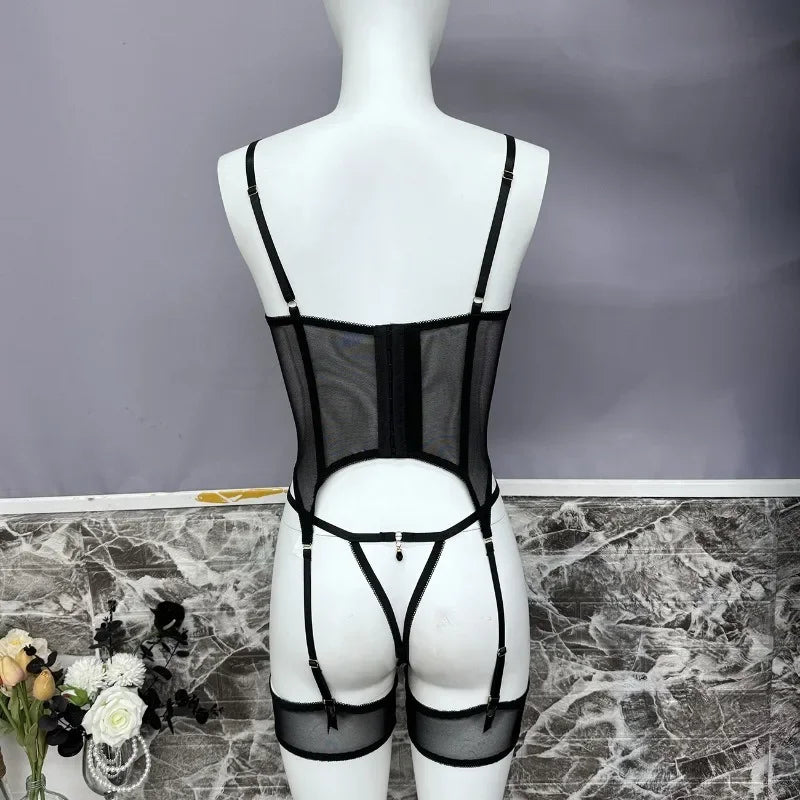 Elegant Embroidery Bra And Thong Bodysuit Set