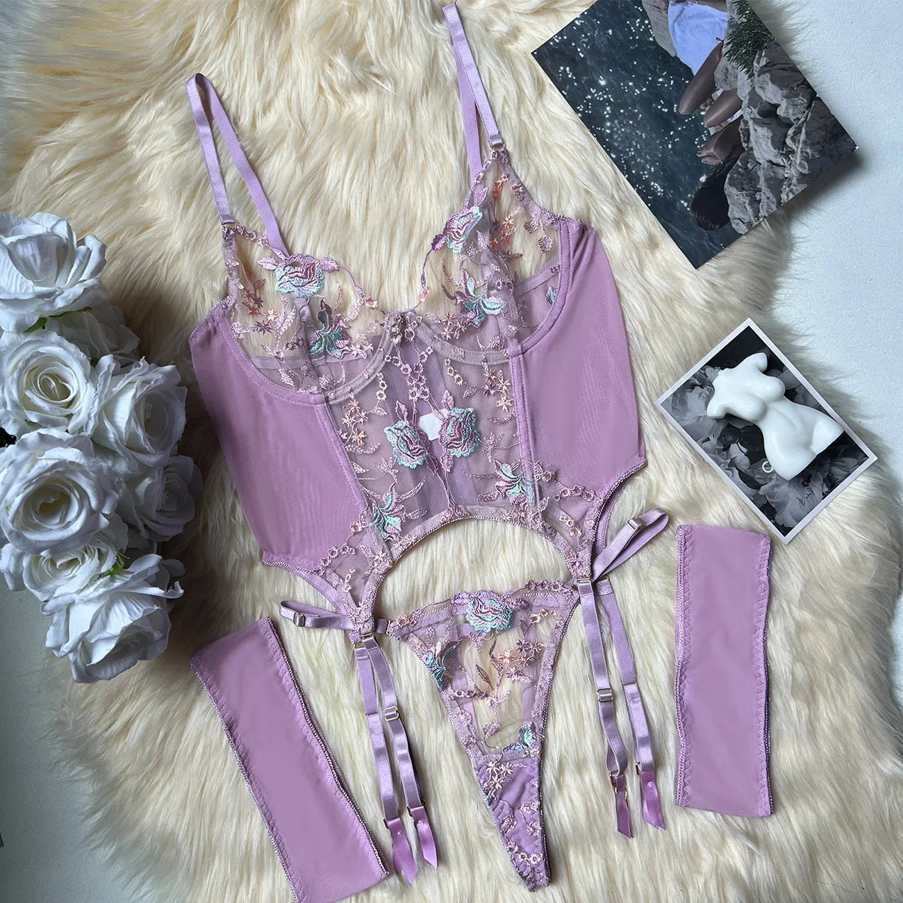 Elegant Embroidery Bra And Thong Bodysuit Set