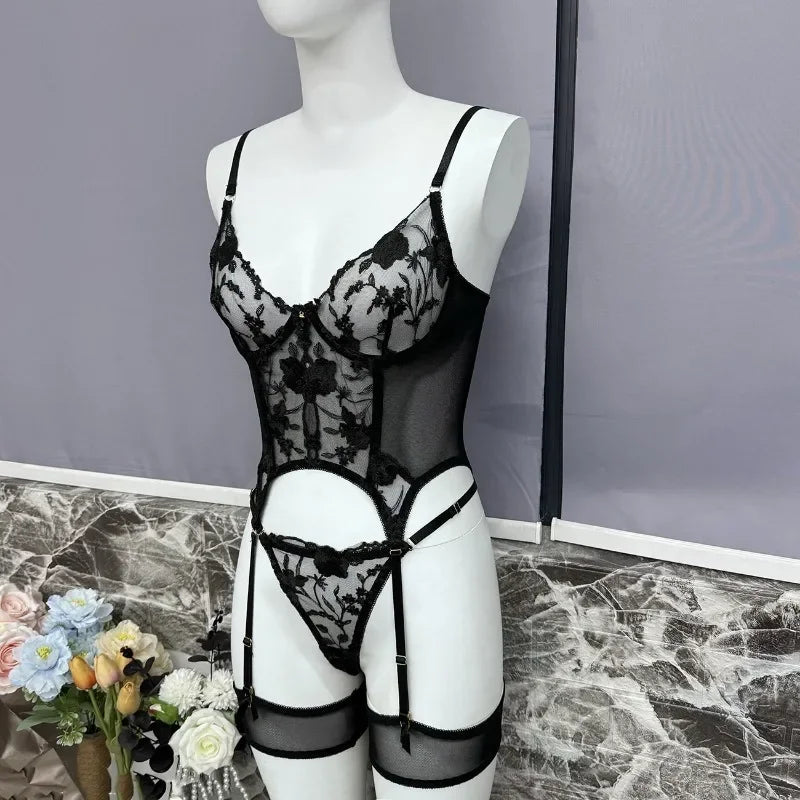 Elegant Embroidery Bra And Thong Bodysuit Set