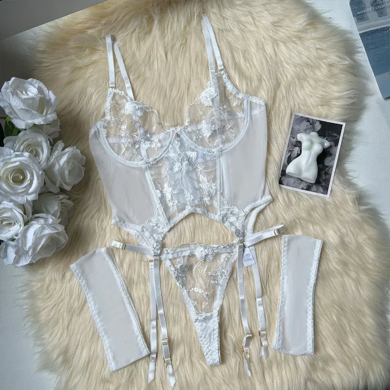 Elegant Embroidery Bra And Thong Bodysuit Set