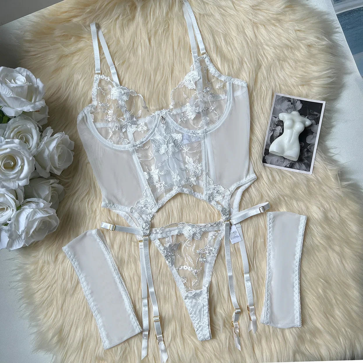 Elegant Embroidery Bra And Thong Bodysuit Set