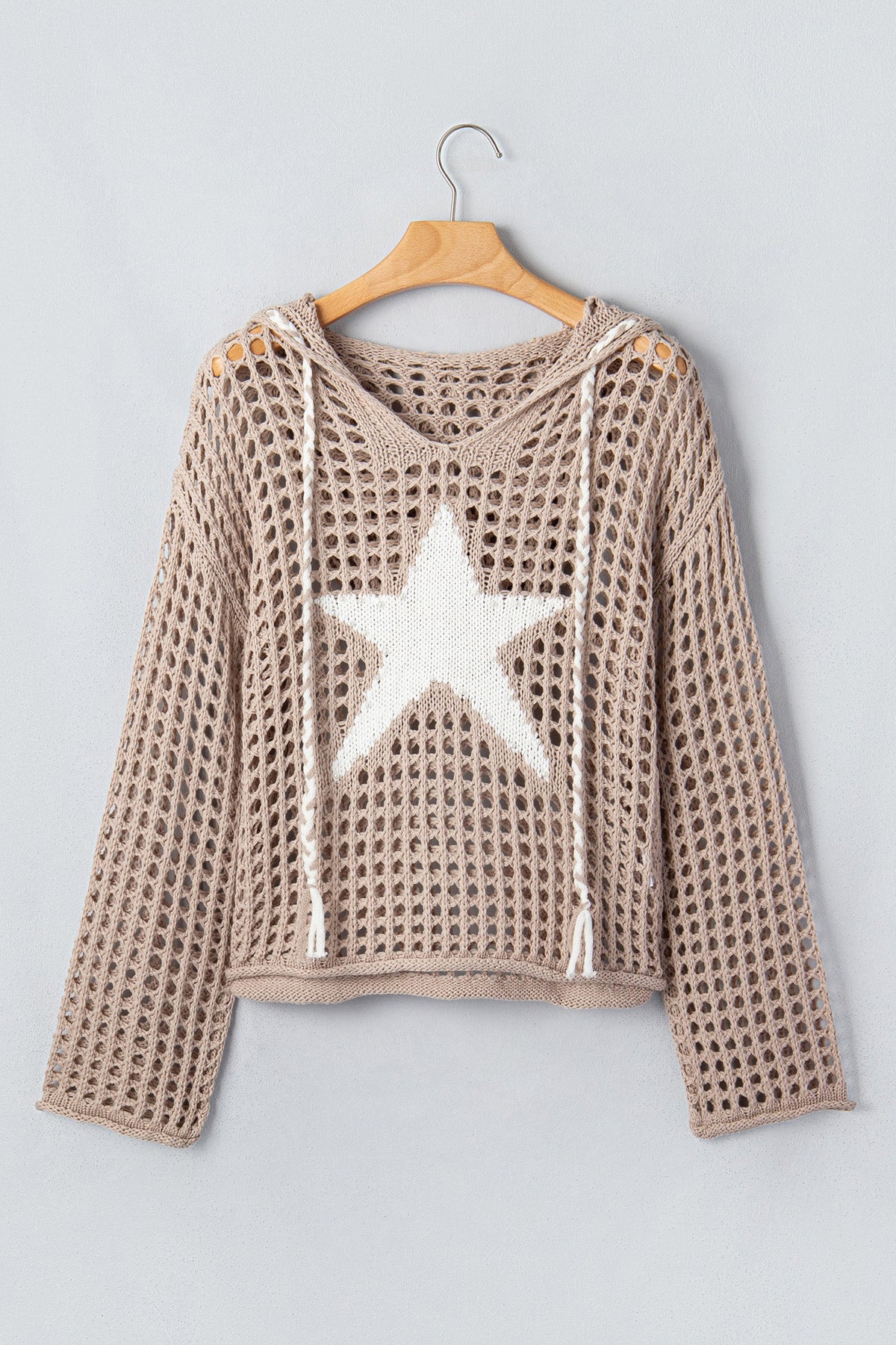 Star Patch Crochet Drawstring Hoodie Sweater