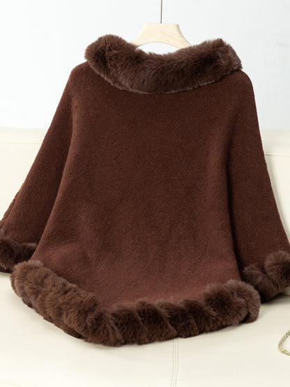 Fuzzy Trim Texture Three-Quarter Sleeve Poncho