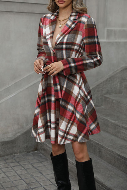 Plaid Tie Waist Long Sleeve Outerwear