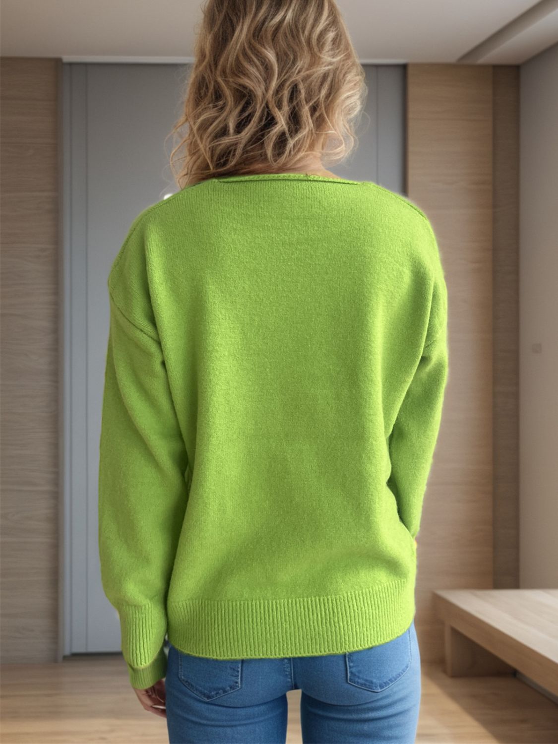 V-Neck Dropped Shoulder Long Sleeve Sweater