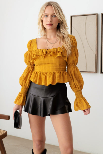 MUSTARD SEED Boho Shirred Smocked Peplum Long Sleeve Top