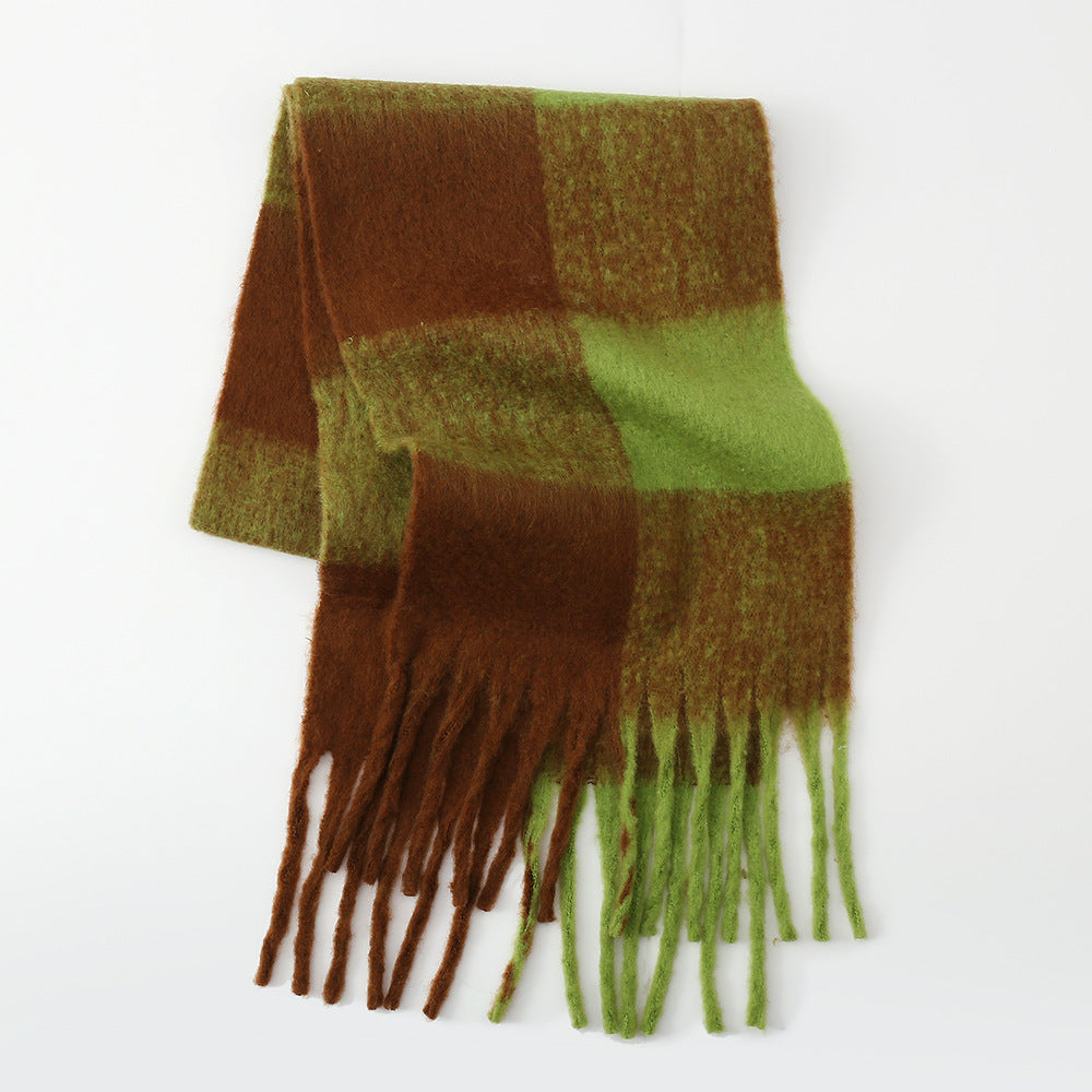 Fringe Contrast Plaid Polyester Scarf