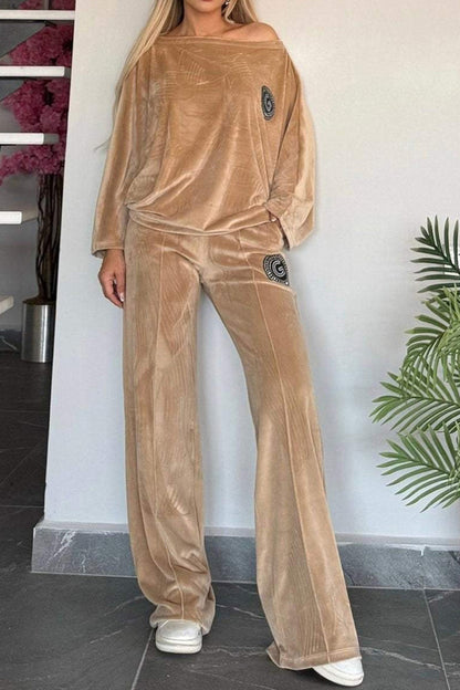 Full Size Boat Neck Long Sleeve Top and Pants Set