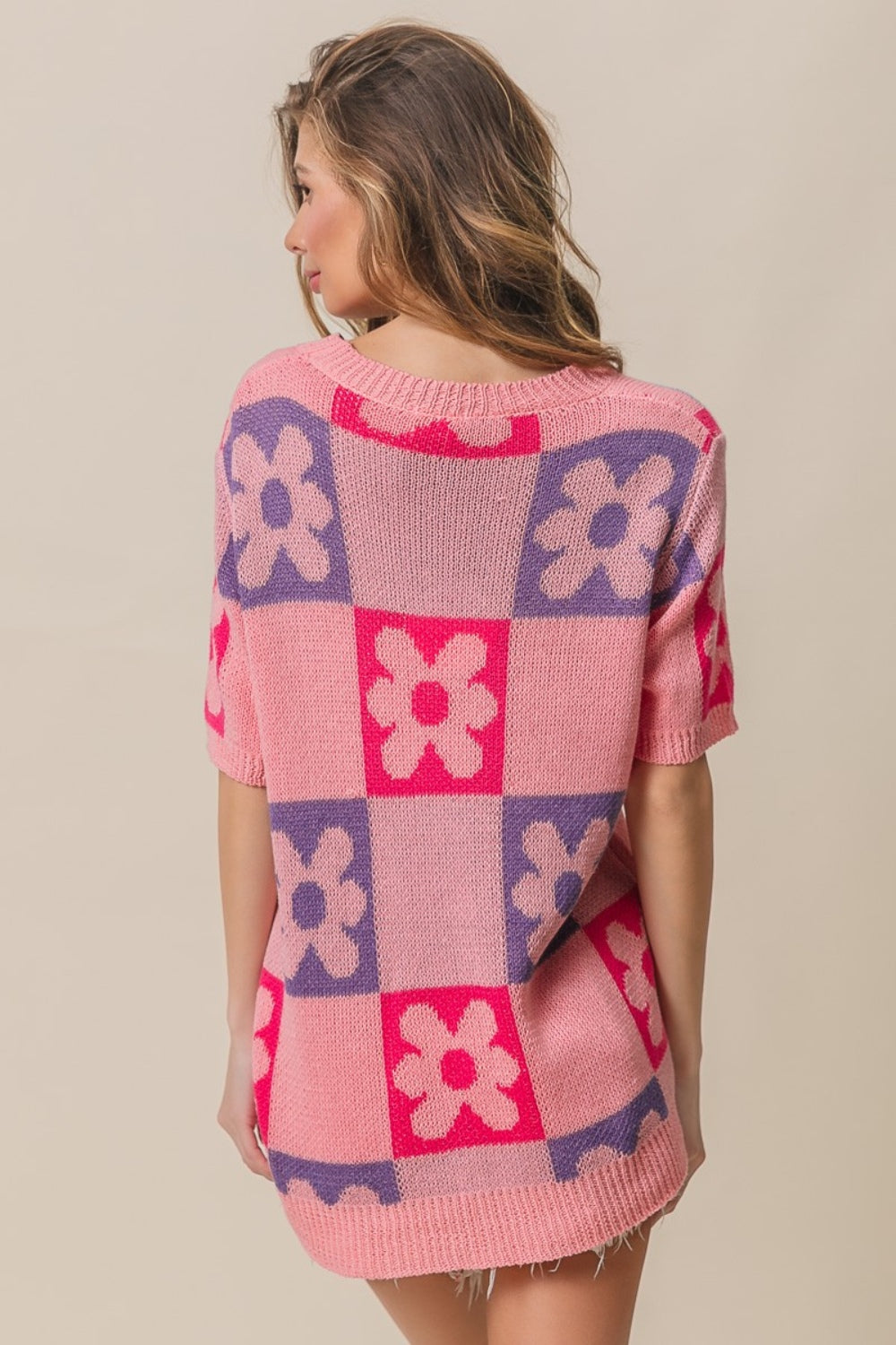 BiBi Flower Checker Pattern Short Sleeve Sweater