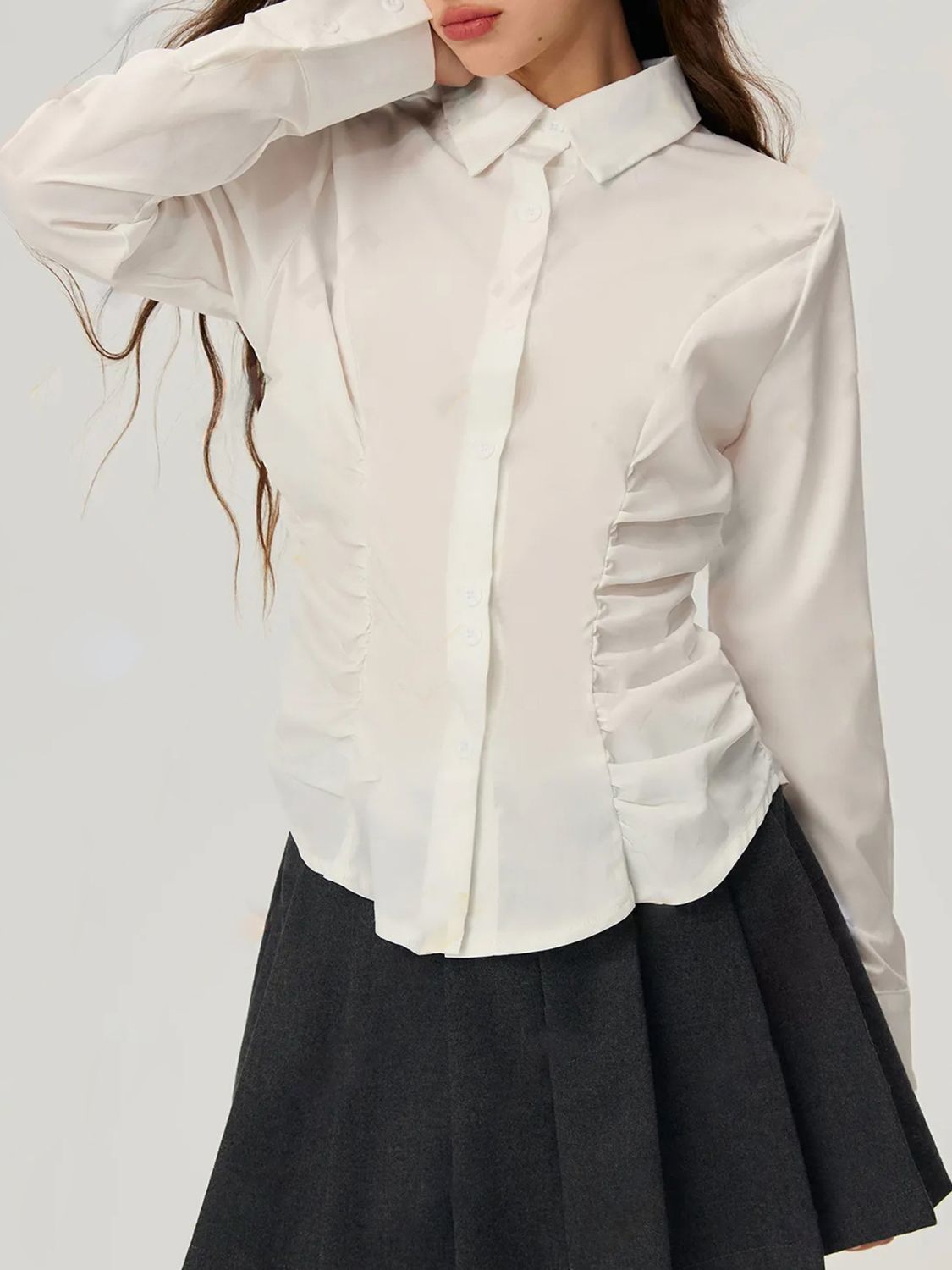 Ruched Button Down Long Sleeve Shirt