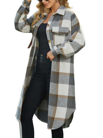 Plaid Collared Neck Long Sleeve Longline Jacket