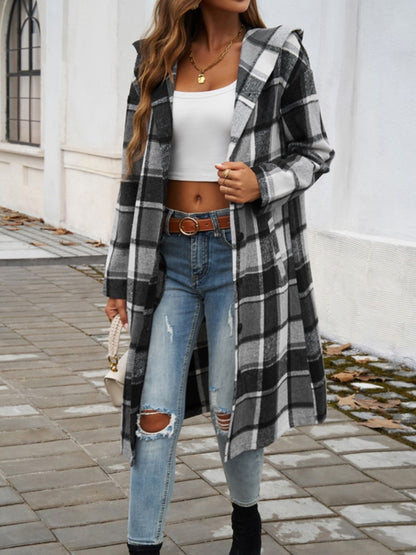 Plaid Long Sleeve Hooded Coat