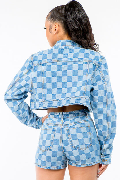 American Bazi Checkered Long Sleeve Cropped Denim Jacket