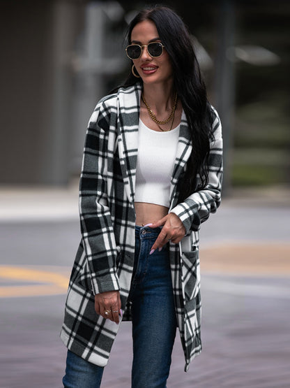 Shiny Plaid Shawl Collar Coat with Pockets