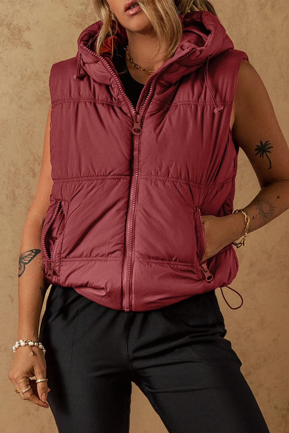 Drawstring Zip Up Vest Coat