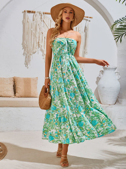 Smocked Printed Sleeveless Midi Dress