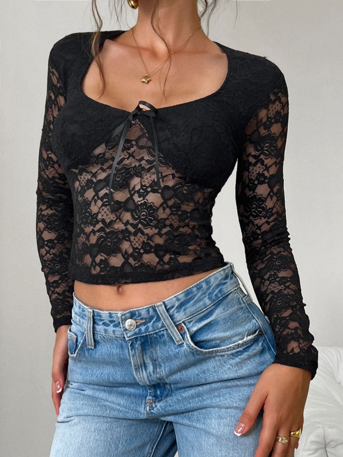 Devine Scoop Neck Long Sleeve Lace Top