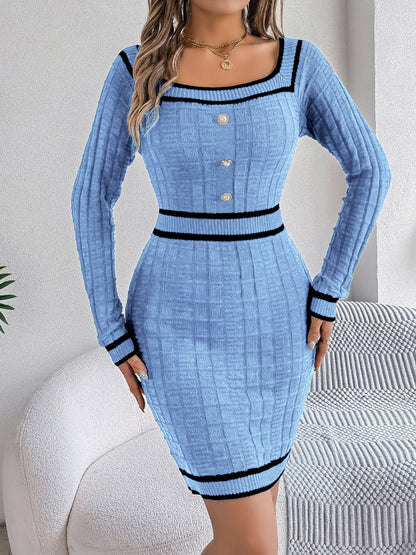 Contrast Trim Long Sleeve Sweater Dress