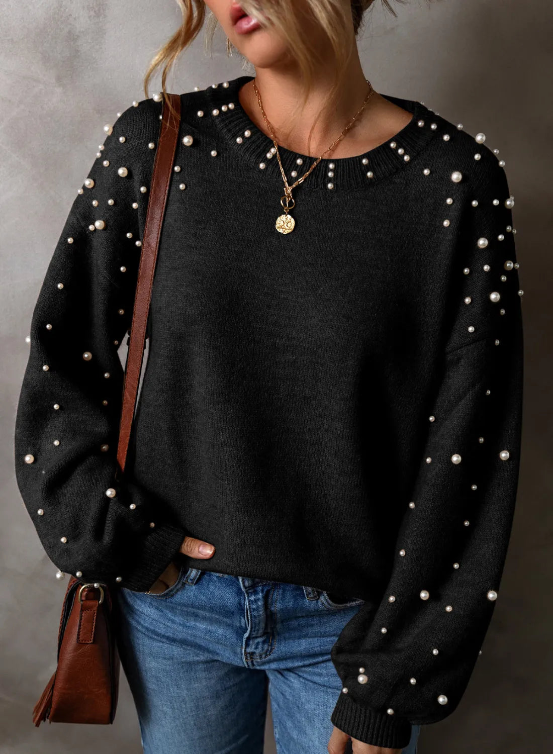 Pearl Detail Round Neck Long Sleeve Sweater