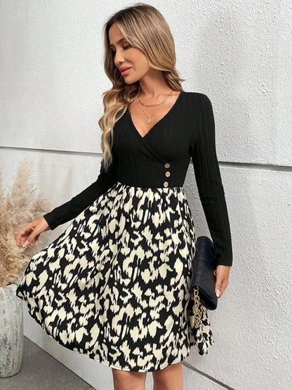 Printed Surplice Long Sleeve Dress