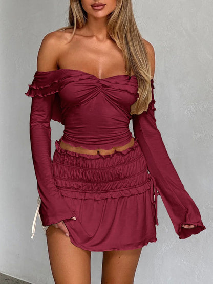 Devine Twisted Ruffled Off-Shoulder Long Sleeve T-Shirt