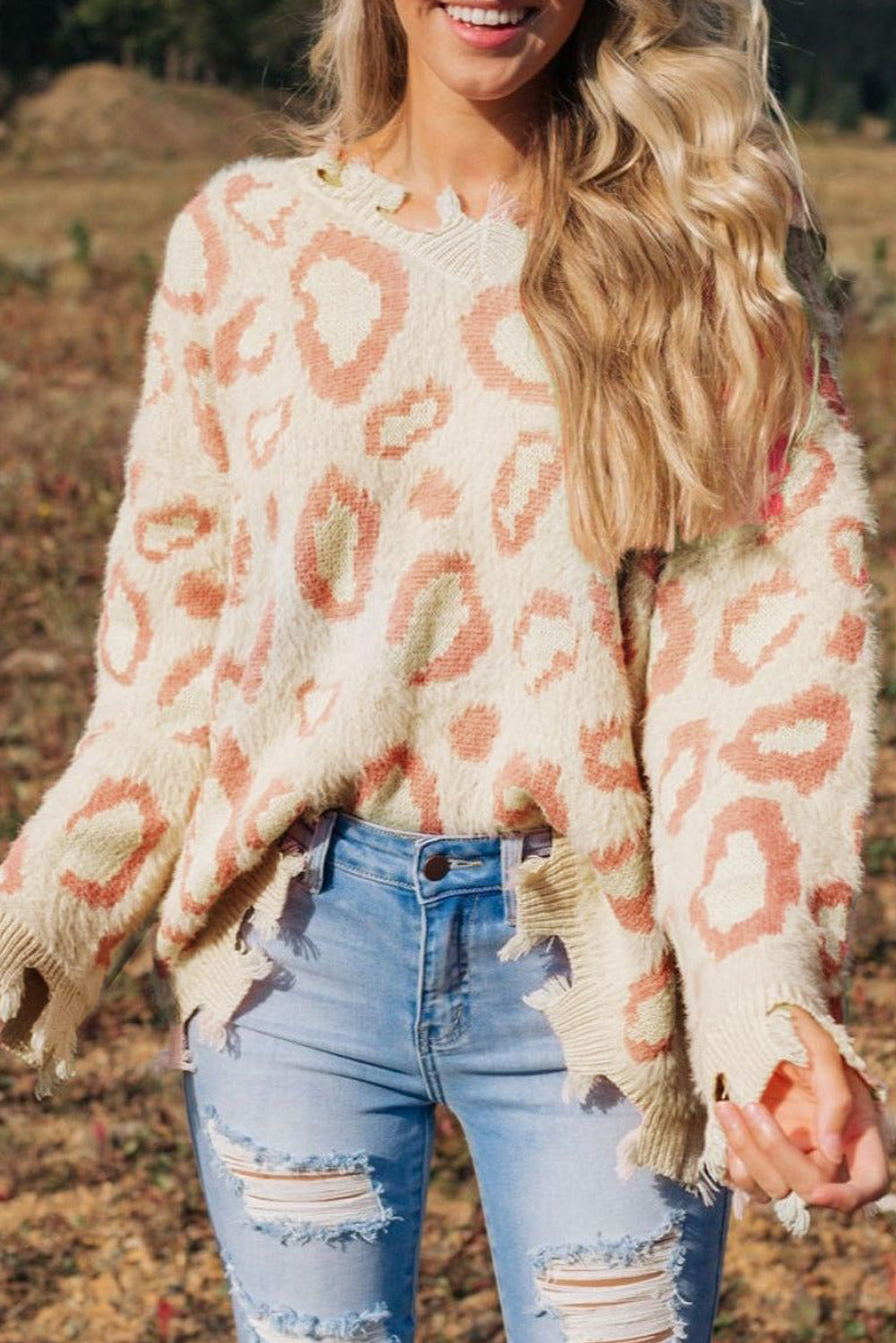 Distressed Trim Leopard V-Neck Sweater