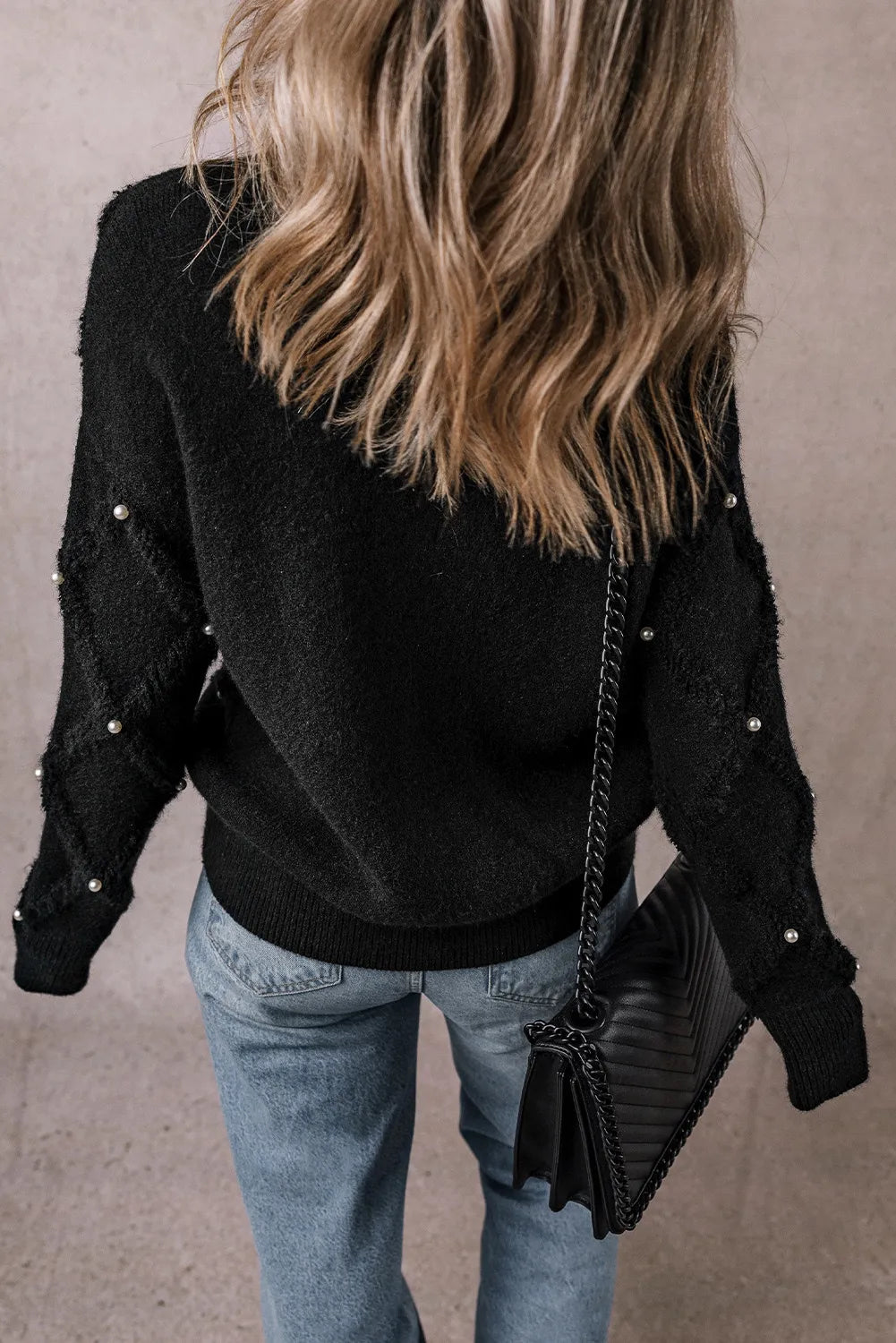 Pearl Detail Round Neck Long Sleeve Sweater