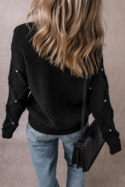 Pearl Detail Round Neck Long Sleeve Sweater