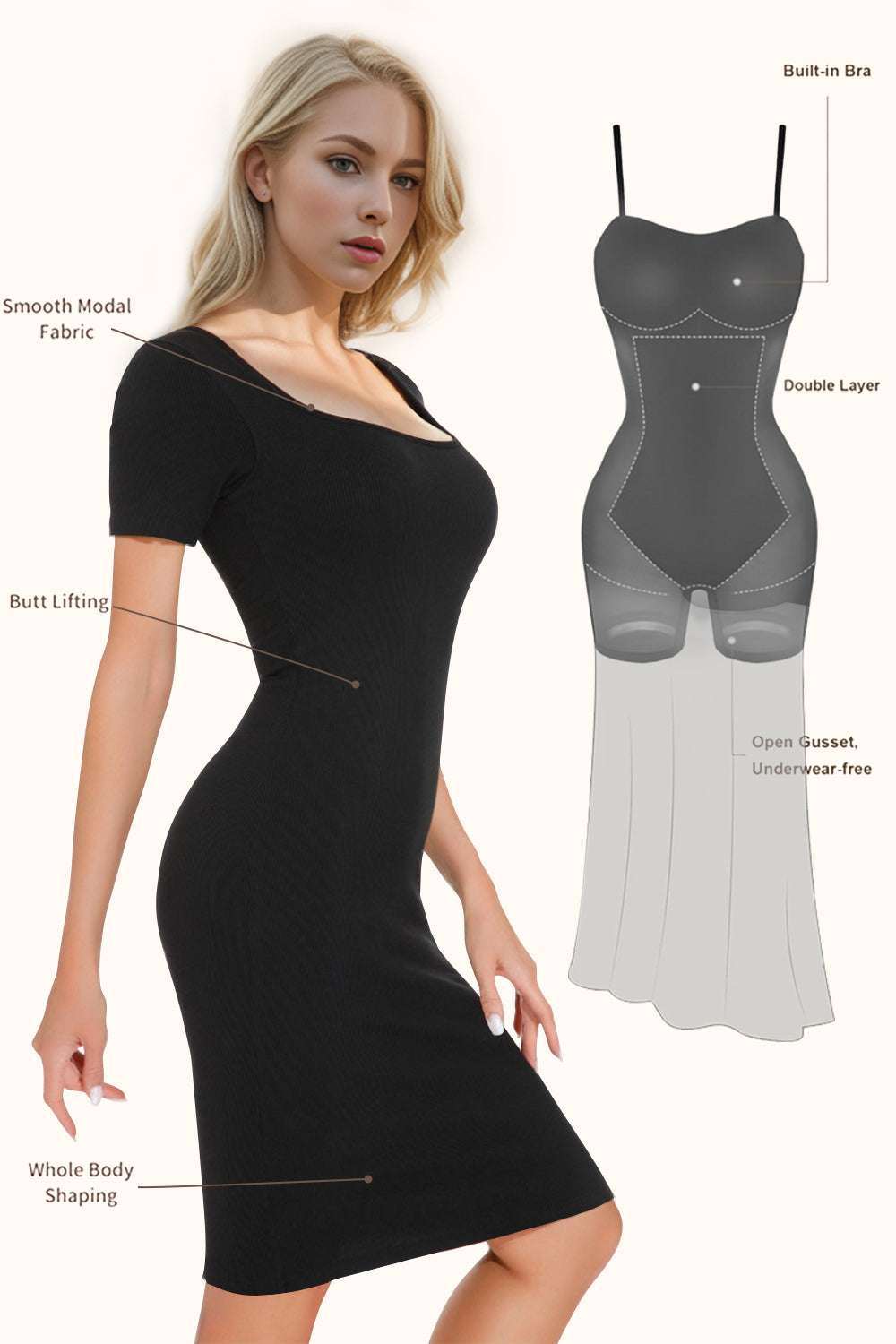 Basic Bae Full Size Built-In Shapewear Square Neck Short Sleeve Dress