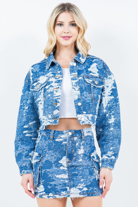 American Bazi Jacquard Trim Cropped Denim Jacket