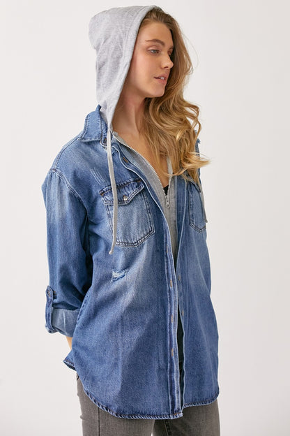 RISEN Zip Up Hooded Denim Shirt