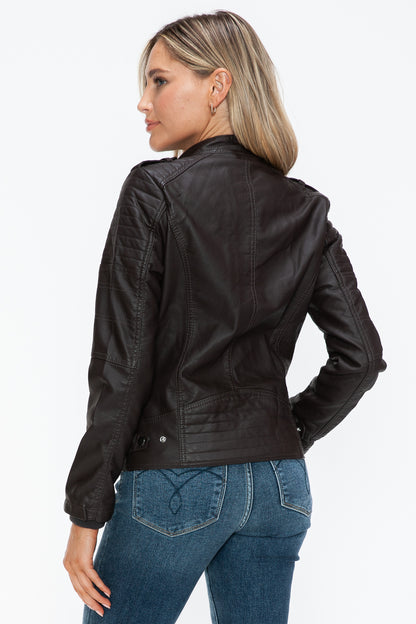 Snobbish PU Leather Biker Jacket with Side Zip Pockets