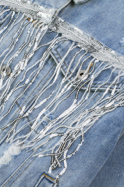 Sequin Fringe Trim Distressed Button Up Denim Jacket