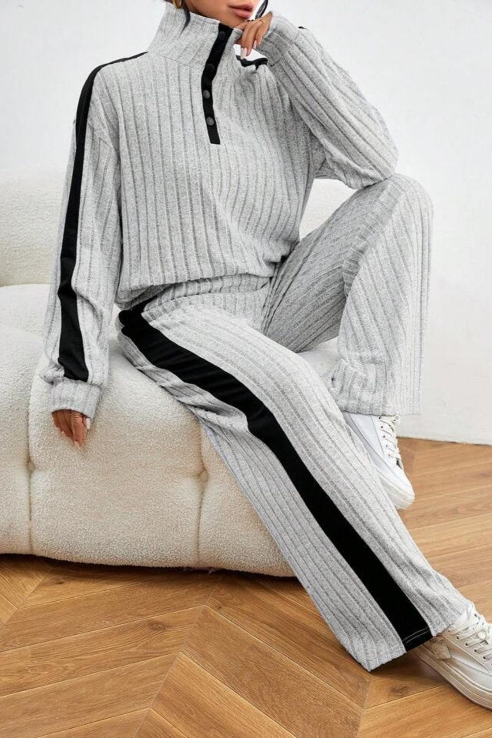 Contrast Collared Neck Long Sleeve Top and Pants Set