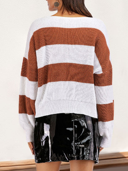 Perfee Color Block Dropped Shoulder Long Sleeve Sweater