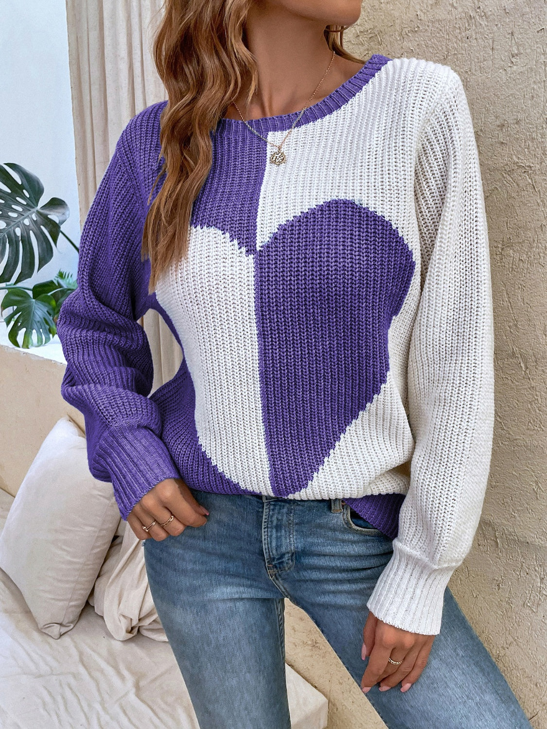 Contrast Heart Round Neck Long Sleeve Sweater