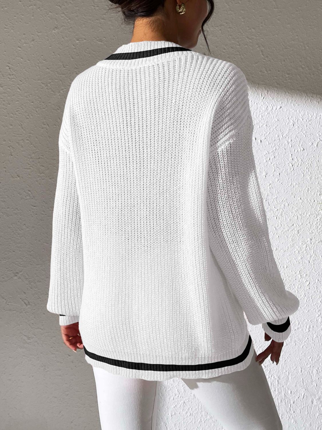 Contrast Trim V-Neck Long Sleeve Sweater