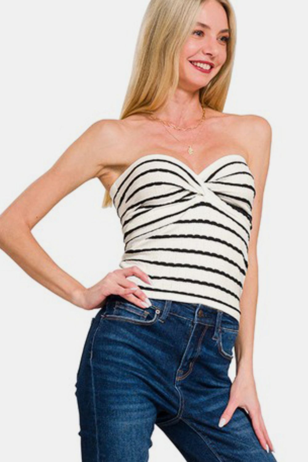 Zenana Twisted Sweetheart Neck Striped Tube Top