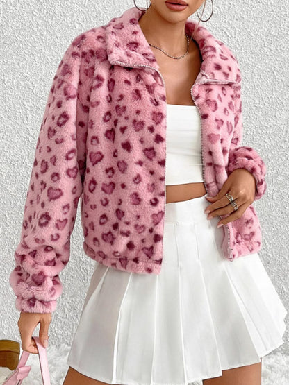 Leopard Zip Up Long Sleeve Furry Jacket