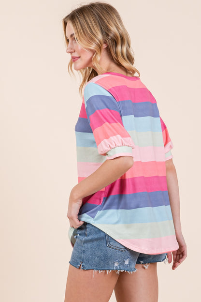 BOMBOM Striped Round Neck Half Sleeve T-Shirt