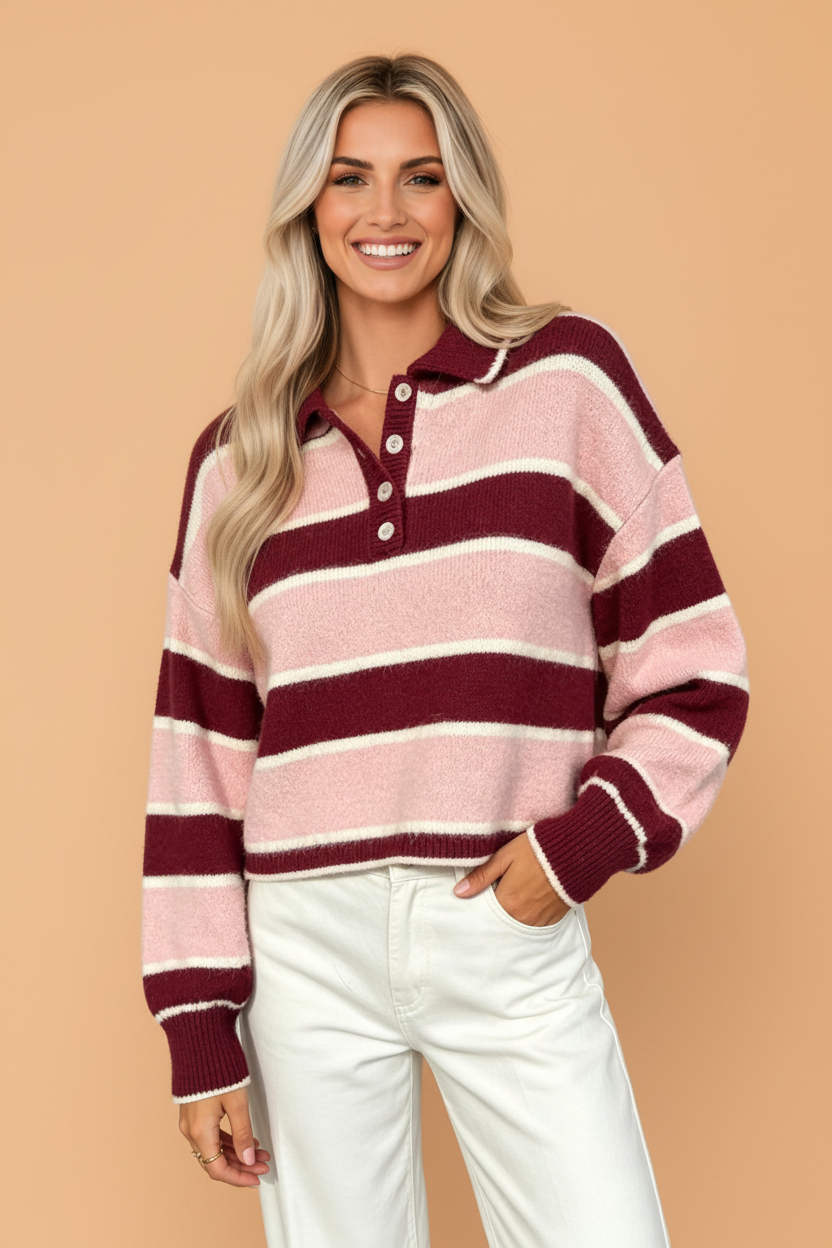 Stripe Polo Collar Ribbed Cuff Knit Sweater