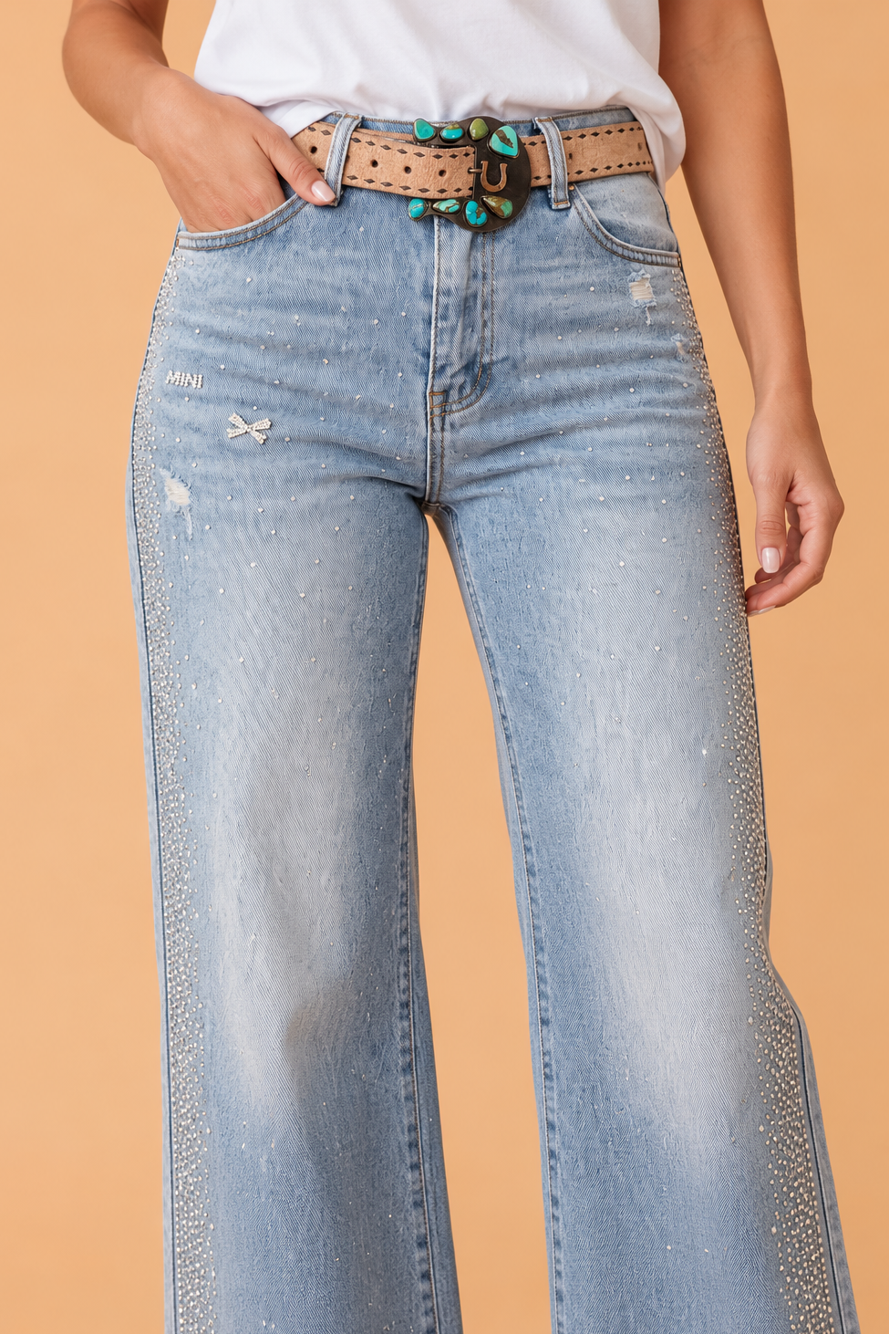 Western Rhinestone Embellished Wide Leg Jeans