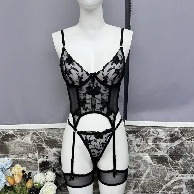 Elegant Embroidery Bra And Thong Bodysuit Set