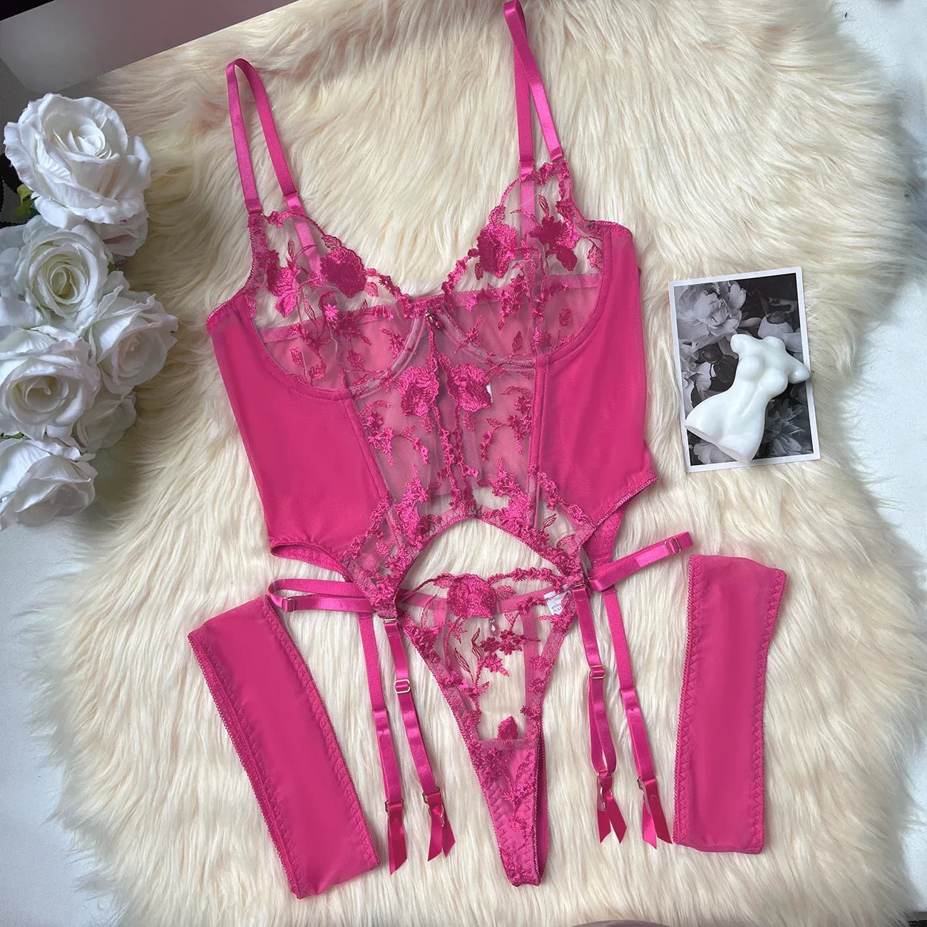 Elegant Embroidery Bra And Thong Bodysuit Set