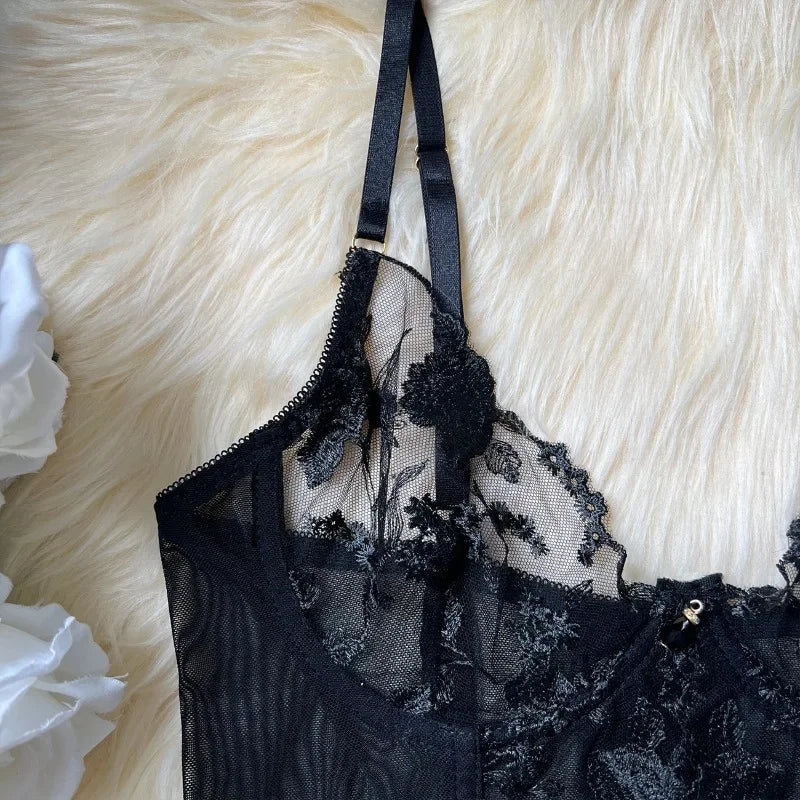 Elegant Embroidery Bra And Thong Bodysuit Set