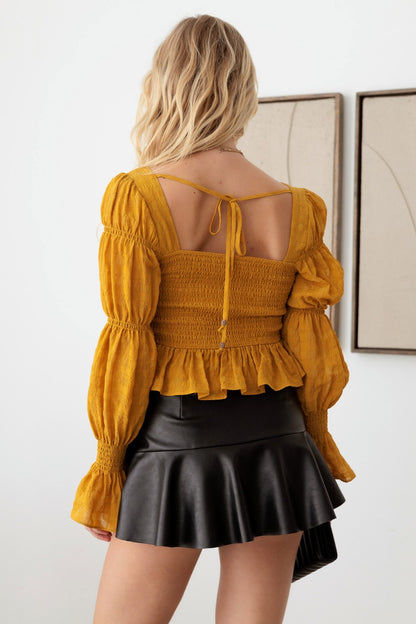 MUSTARD SEED Boho Shirred Smocked Peplum Long Sleeve Top